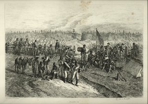 Impresión de soldados esperando en las líneas del frente detrás de una barricada. Tres soldados y un hombre afroamericano con una mula están de pie y sentados alrededor de una fogata, mientras un grupo de otros soldados pasa. de Edwin Austin Forbes